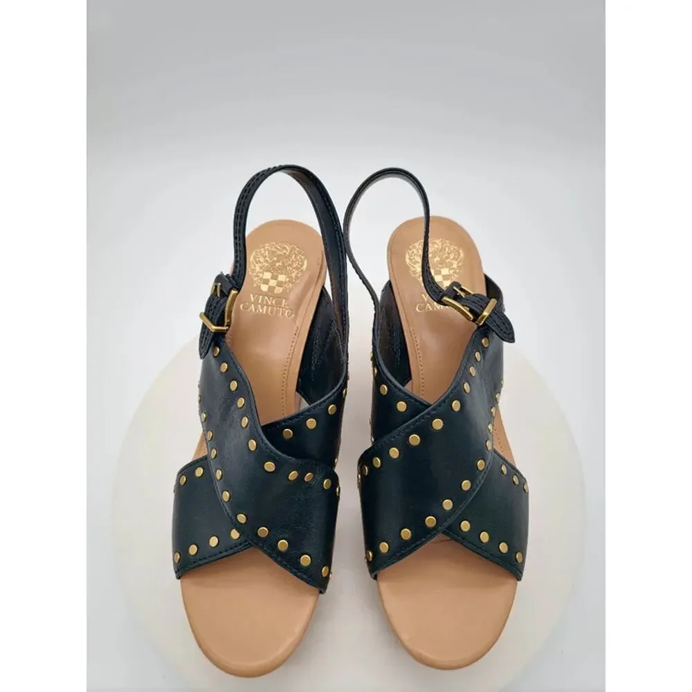 Vince Camuto Ellana Black Leather Studded Cork Wedge Sandals Women’s Size 9M New